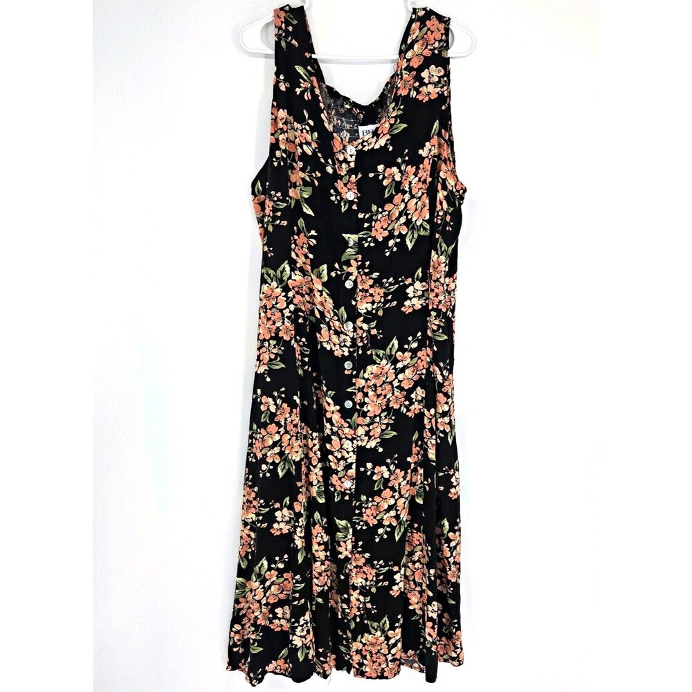 BFA Classics Womens Plus 3X Floral Maxi Dress Black Peach Smocked Button Front
